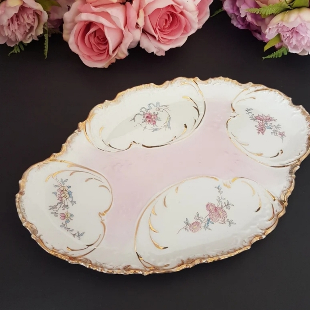 Vintage Pink Floral Porcelain Serving Platter Vanity Tray Serving Plate Platter